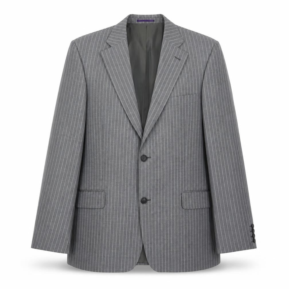 Front view of Taylor & Wright men’s grey striped wool jacket suit jacket, size 42, regular