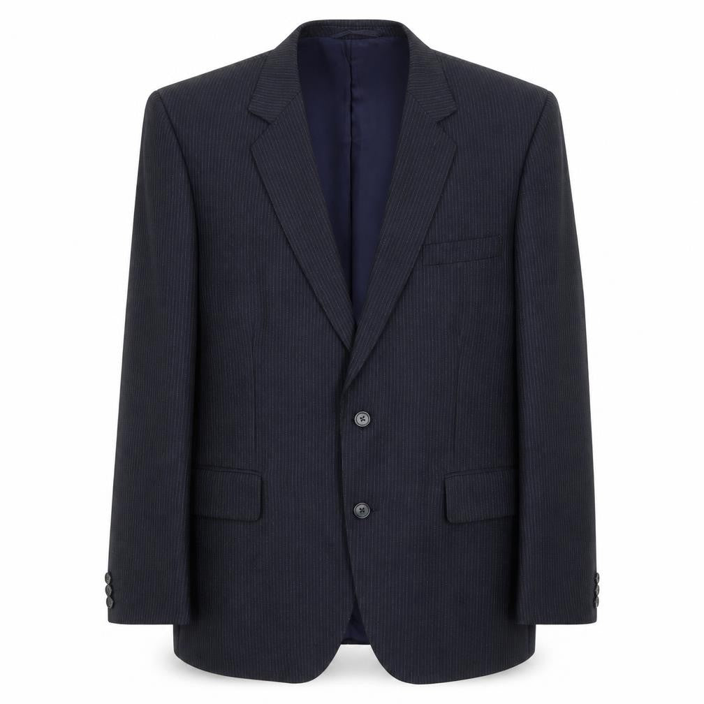 Front view of Hepworths men’s blue striped polyester jacket suit jacket, size 42, regular