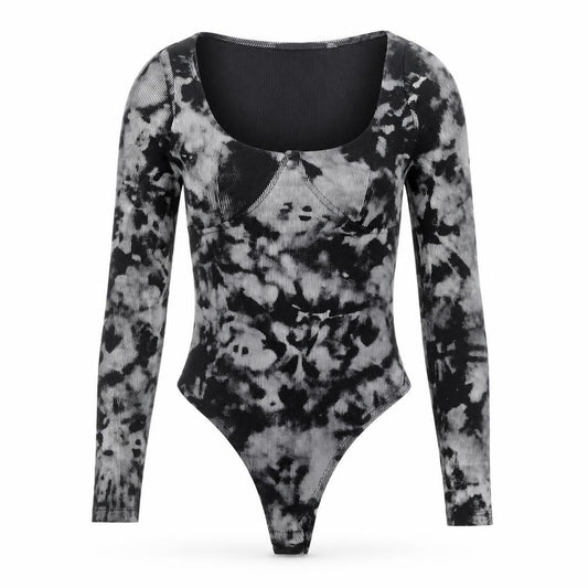 Front view of PRETTYLITTLETHING women’s black tie dye polyester bodysuit one-piece, size UK 6, snap