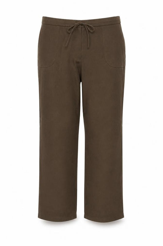 Front view of Casual Comfort women’s brown polyester trousers, size UK 30, regular drawstring