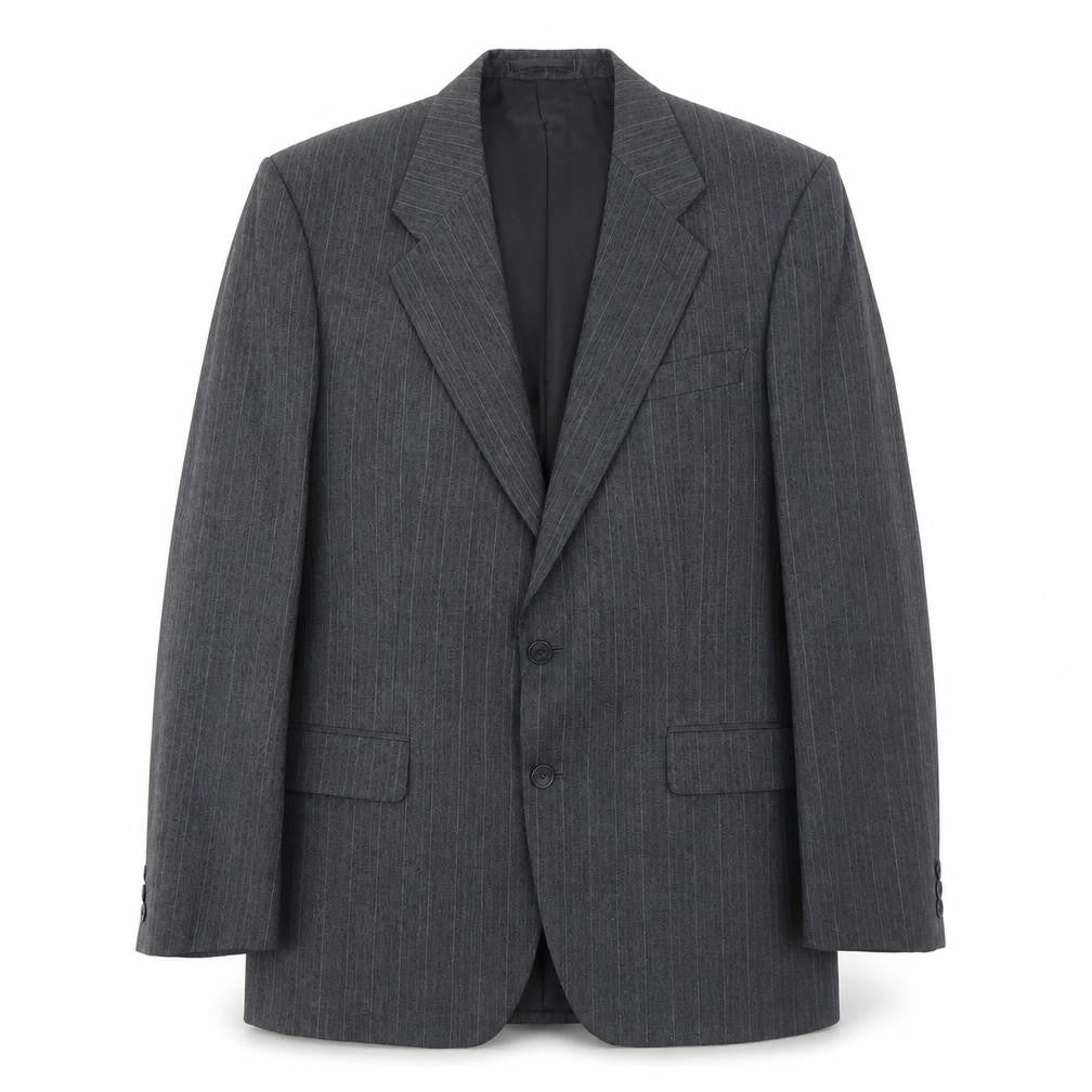 Front view of Marks & Spencer men’s grey striped polyester jacket suit jacket, size 40, regular