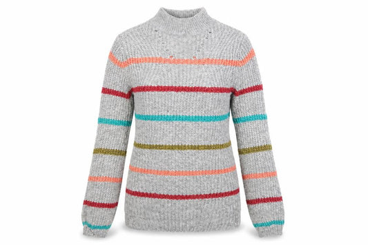 Front view of Papaya women’s grey high neck striped acrylic jumper, size XS