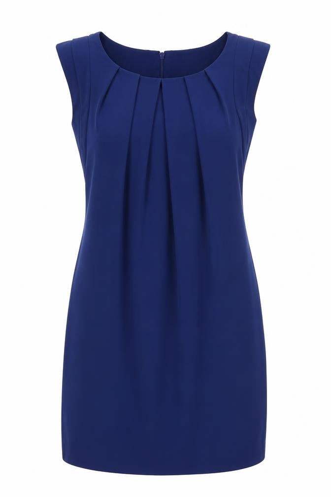 Front view of Warehouse women’s blue polyester a-line, size UK 8, round neck zip