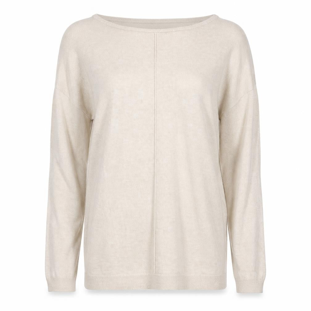 Front view of Atmosphere women’s beige boat neck viscose jumper, size UK 8
