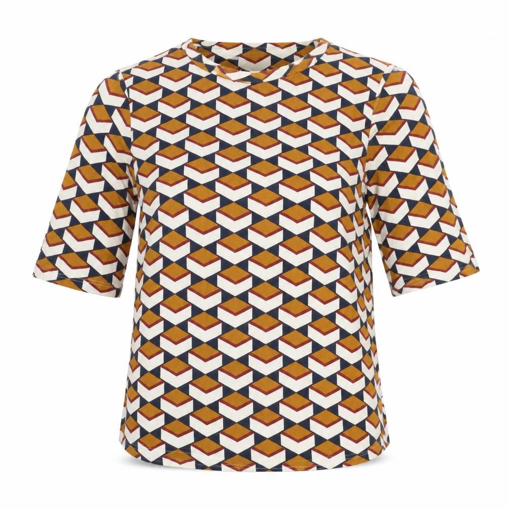 Front view of Marks & Spencer women’s orange geometric viscose basic blouse, size UK 8, round neck