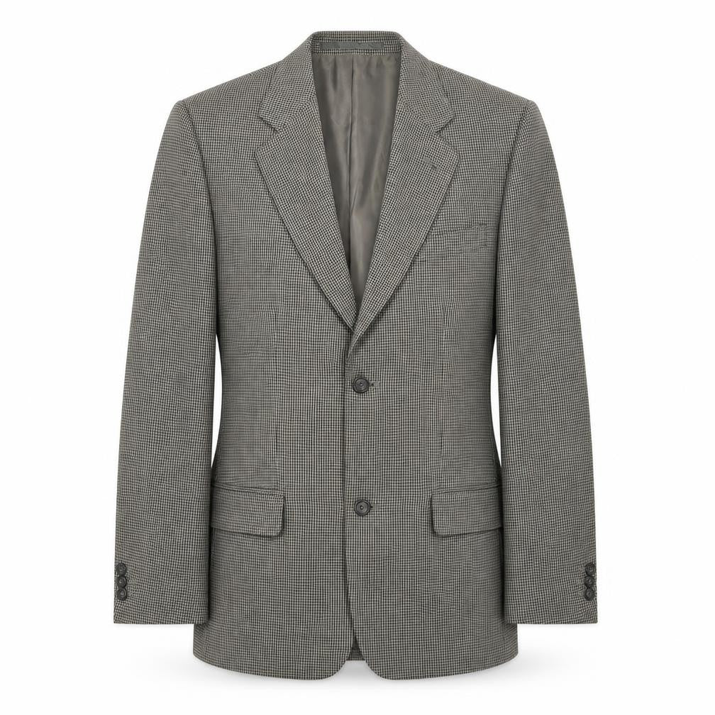 Front view of Simon Taylor men’s beige geometric polyester jacket blazer, size 38, regular
