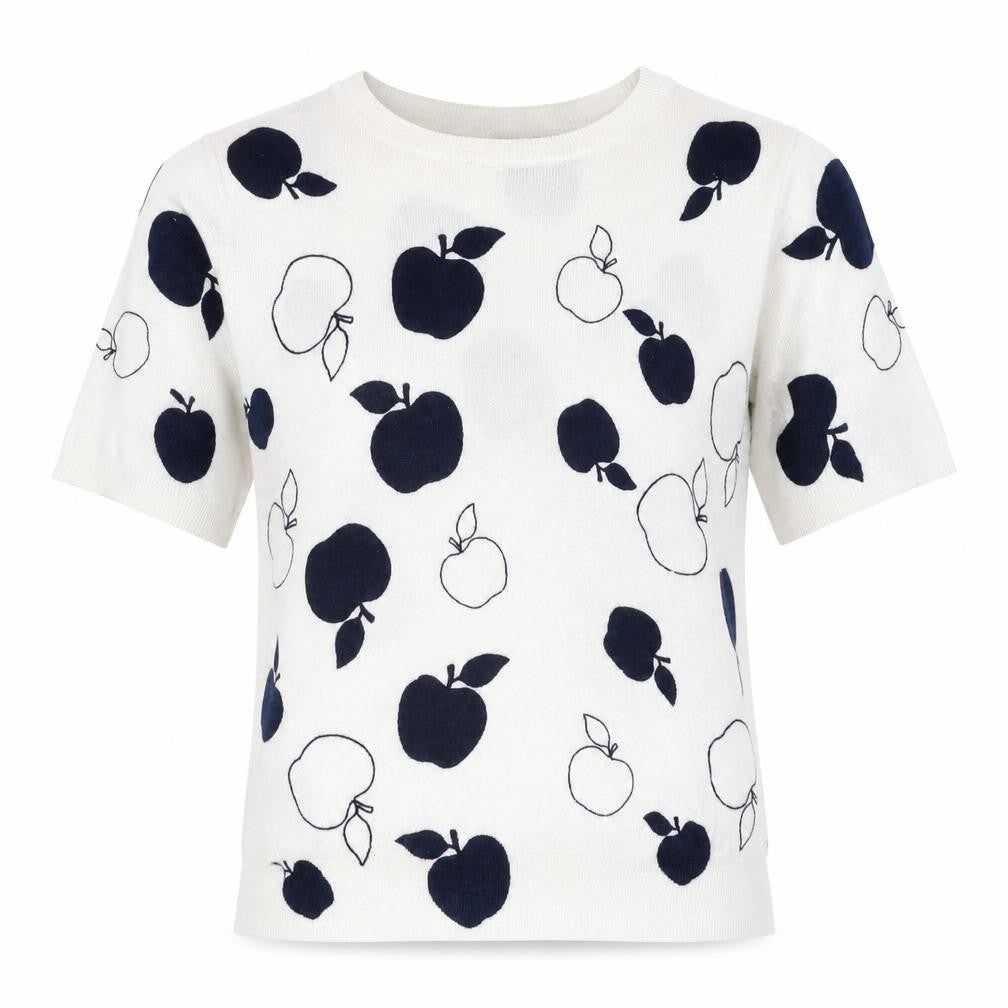 Marks and Spencer Womens White Round Neck Geometric Viscose Pullover Jumper Size 8 - Apple Print