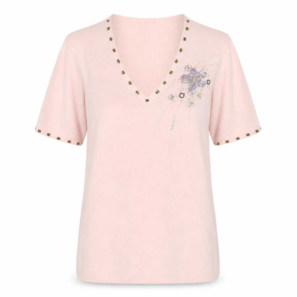 Front view of Lana women’s pink v-neck viscose jumper, size M
