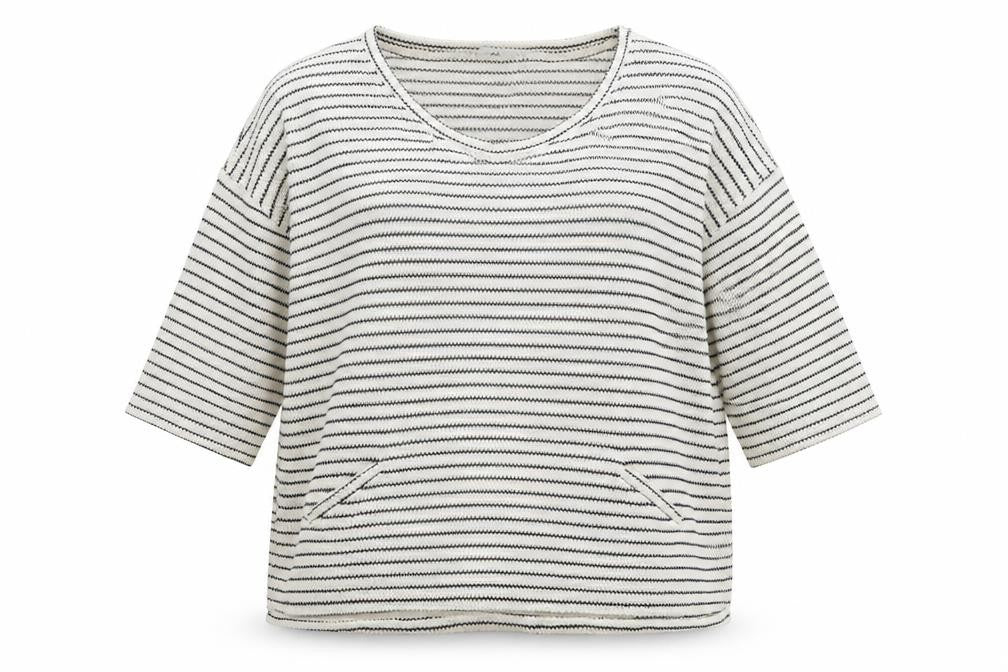 Front view of Peacocks women’s white round neck striped cotton jumper, size L