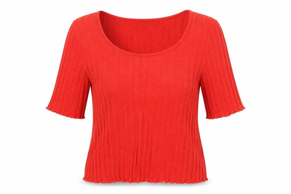 Front view of Topshop women’s red polyester basic t-shirt, size UK 12, round neck