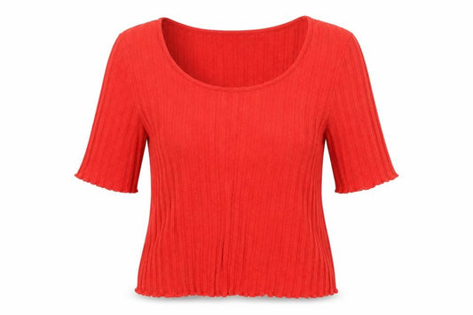Front view of Topshop women’s red polyester basic t-shirt, size UK 12, round neck