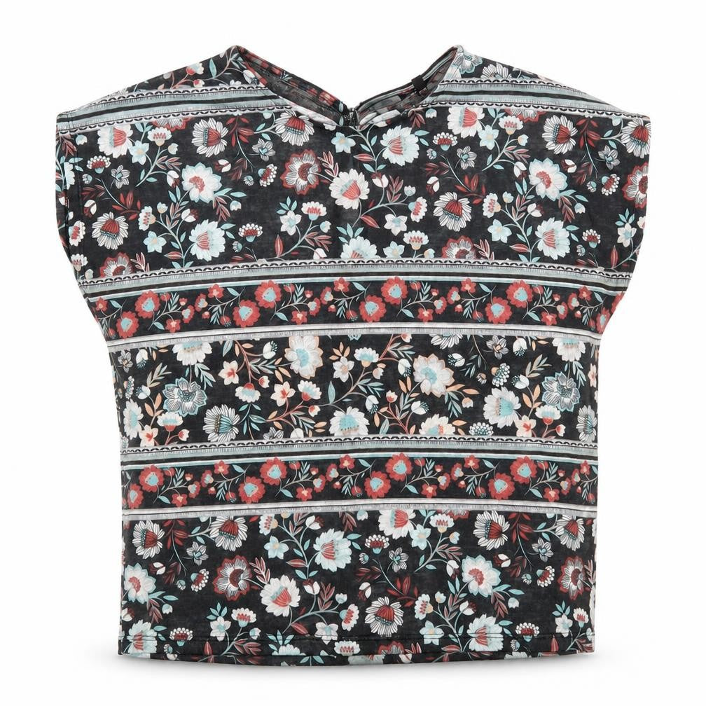 Front view of Warehouse women’s black geometric polyester basic blouse, size UK 12, round neck