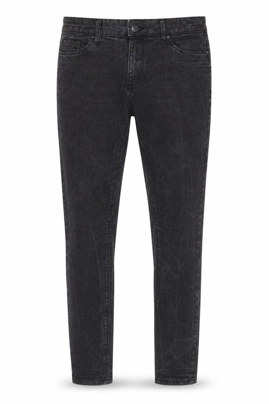 Front view of 365 Denim men’s black cotton skinny jeans, size 30, in regular zip