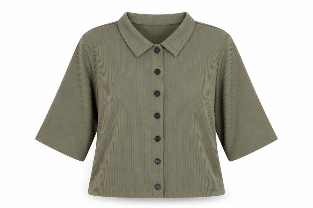 Front view of Noisy May women’s green polyester basic button-up, size S, collared