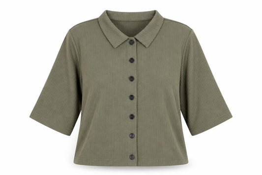 Front view of Noisy May women’s green polyester basic button-up, size S, collared