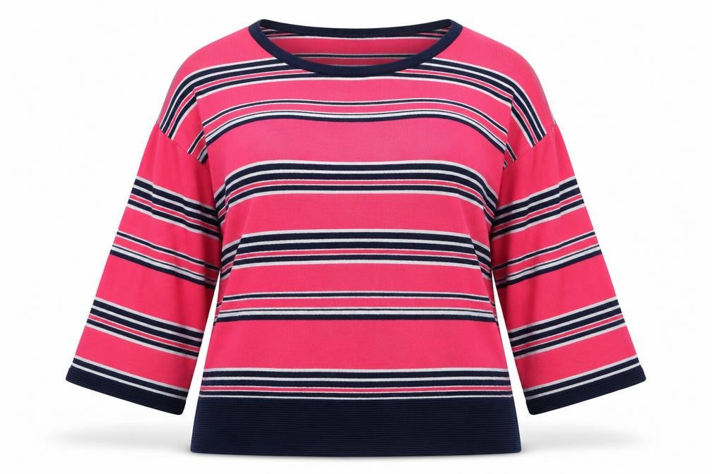 Front view of Next women’s pink round neck striped cotton jumper, size UK 10