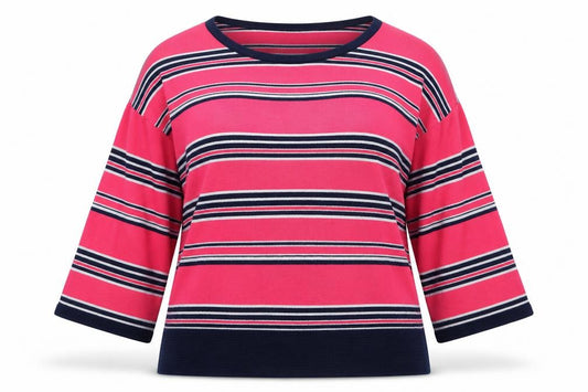 Front view of Next women’s pink round neck striped cotton jumper, size UK 10