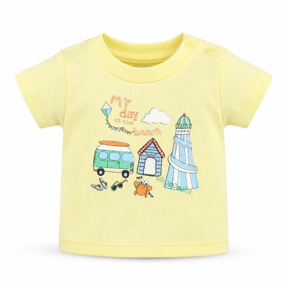 Earlydays Girls Yellow Cotton Basic T-Shirt Size Newborn Round Neck Button - Beach