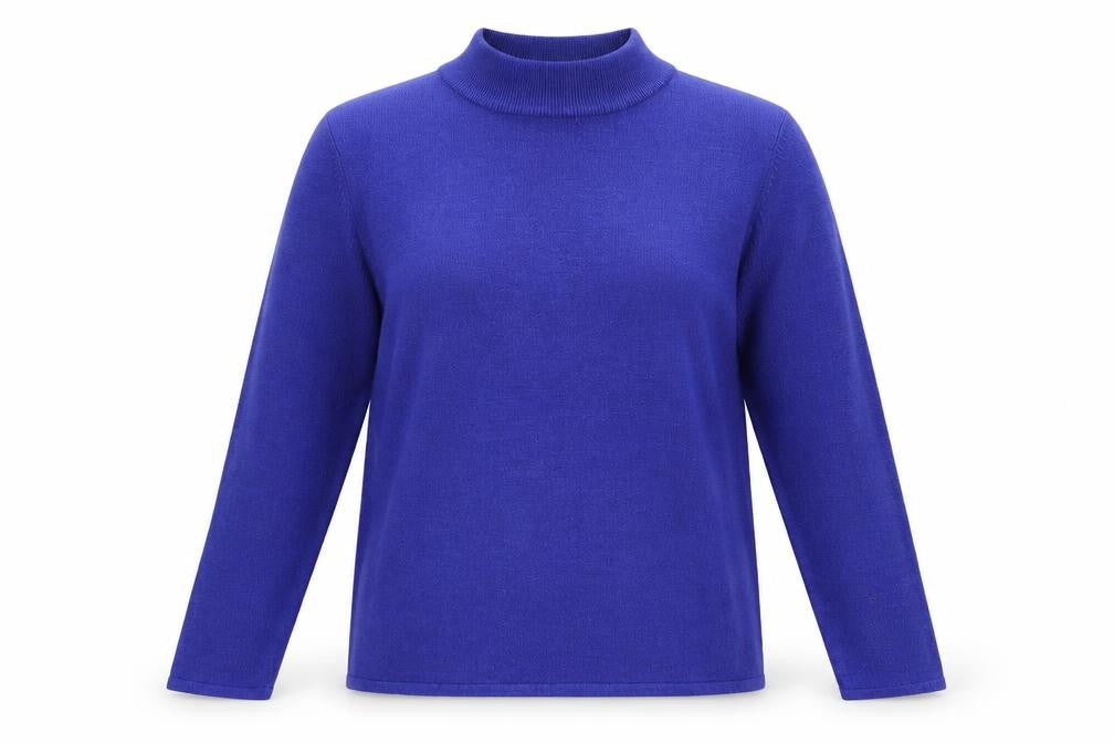 Front view of Bonmarché women’s blue high neck acrylic jumper, size M