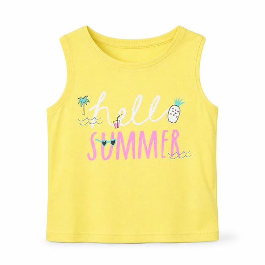 Front view of Primark Baby Yellow 100% Cotton Basic Tank, size 18-24, Months Round Neck Pullover - Hello Summer