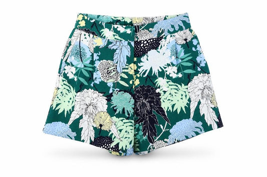 Front view of Preworn women’s green floral polyester culotte shorts, size UK 26, in regular zip