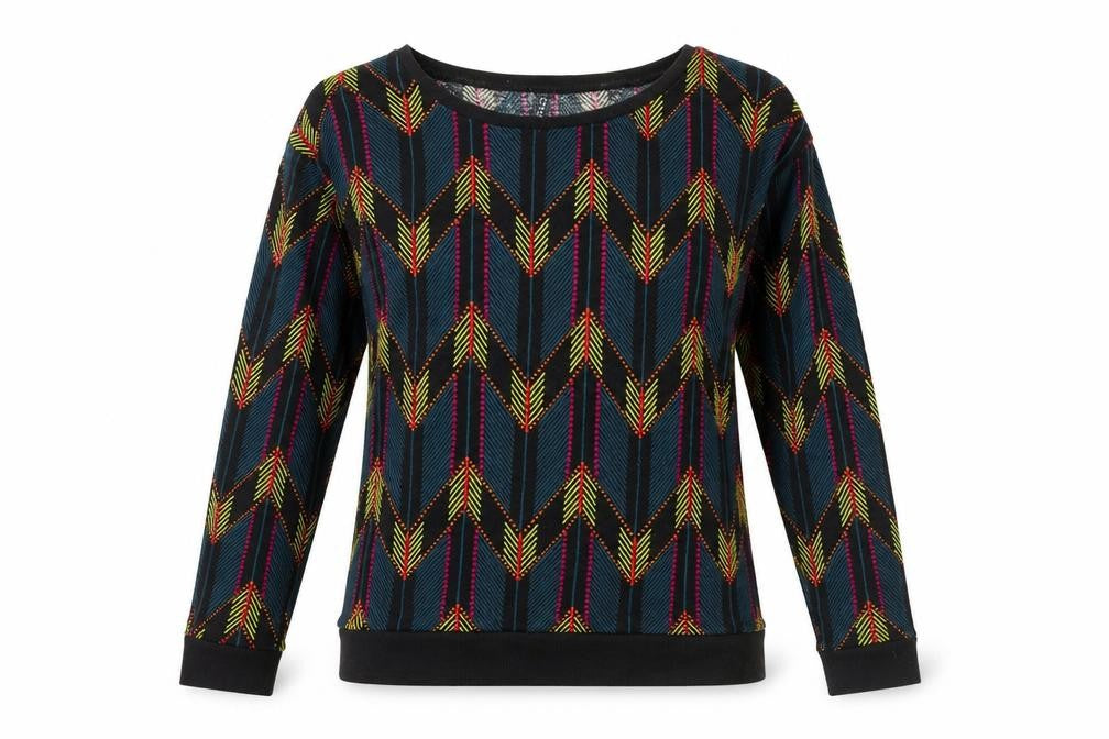 Front view of H&M women’s multicoloured geometric cotton pullover sweatshirt, size XS, pullover