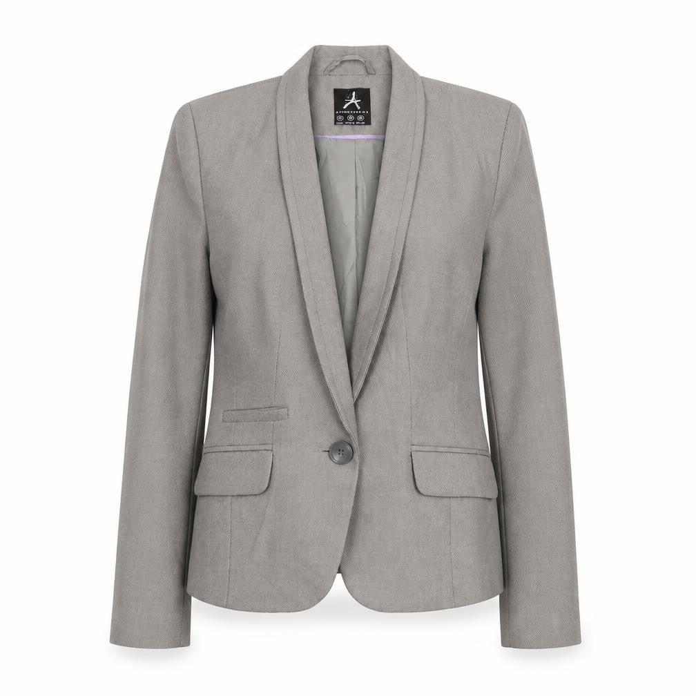 Front view of Atmosphere women’s grey jacket blazer, size UK 12, button