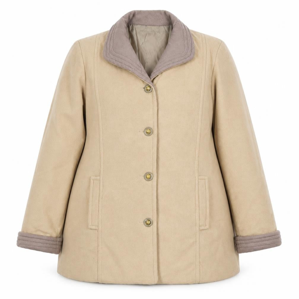 Front view of Gabriella Vicenga women’s beige jacket, size UK 16, button