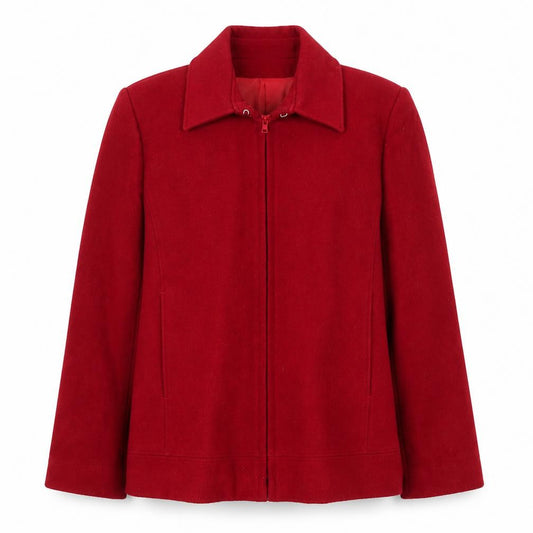 Front view of Marks & Spencer women’s red jacket, size UK 8, zip