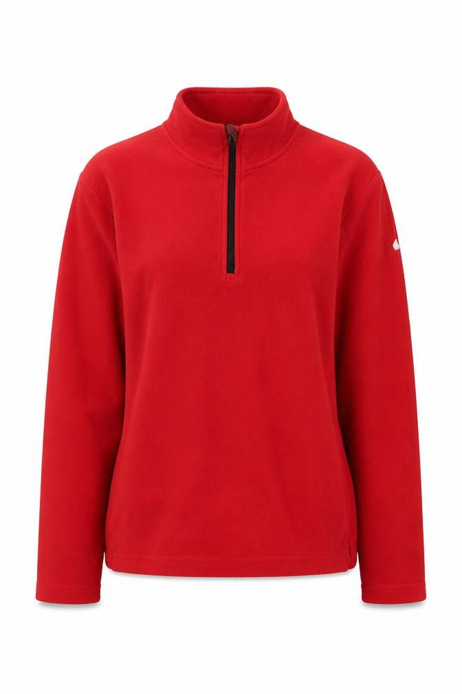 Front view of Bishop women’s red polyester pullover sweatshirt, size S, zip