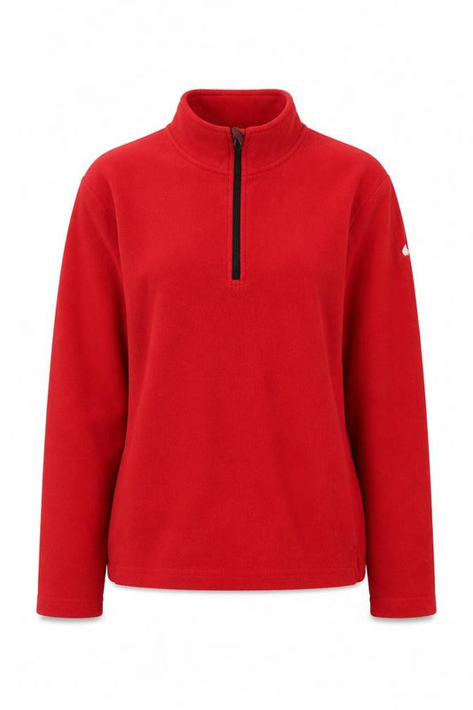 Front view of Bishop women’s red polyester pullover sweatshirt, size S, zip