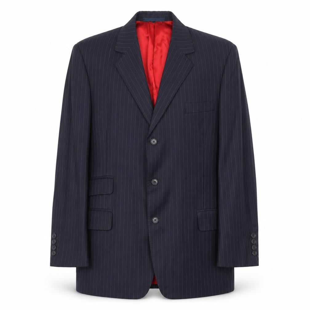 Front view of Outlook men’s blue striped polyester jacket suit jacket, size 44, regular