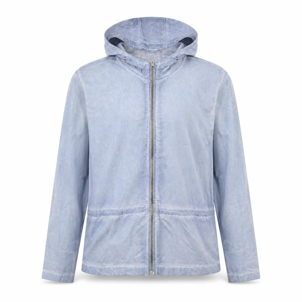 Front view of Polorage women’s blue geometric jacket, size S, zip