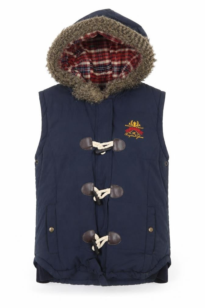 Front view of USPA women’s blue gilet jacket, size M, zip