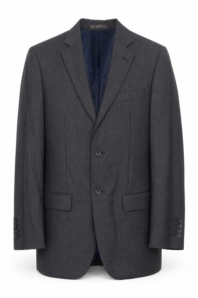 Front view of Butler & Webb men’s grey striped wool jacket suit jacket, size 36, regular