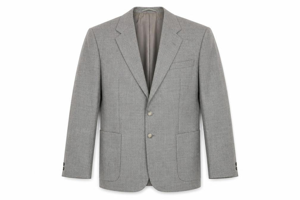 Front view of Marks & Spencer men’s grey wool jacket blazer, size L, regular