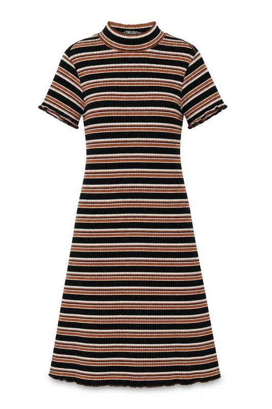 Front view of Primark women’s multicoloured striped cotton fit & flare, size UK 4, mock neck pullover