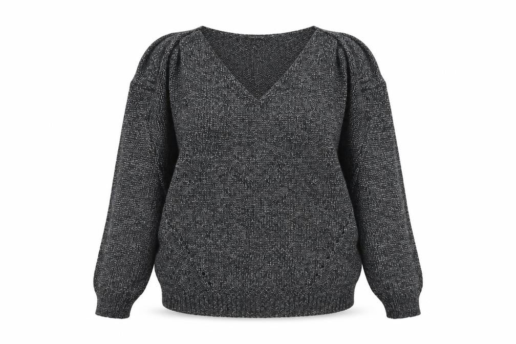 Front view of River Island women’s silver v-neck acrylic jumper, size UK 8