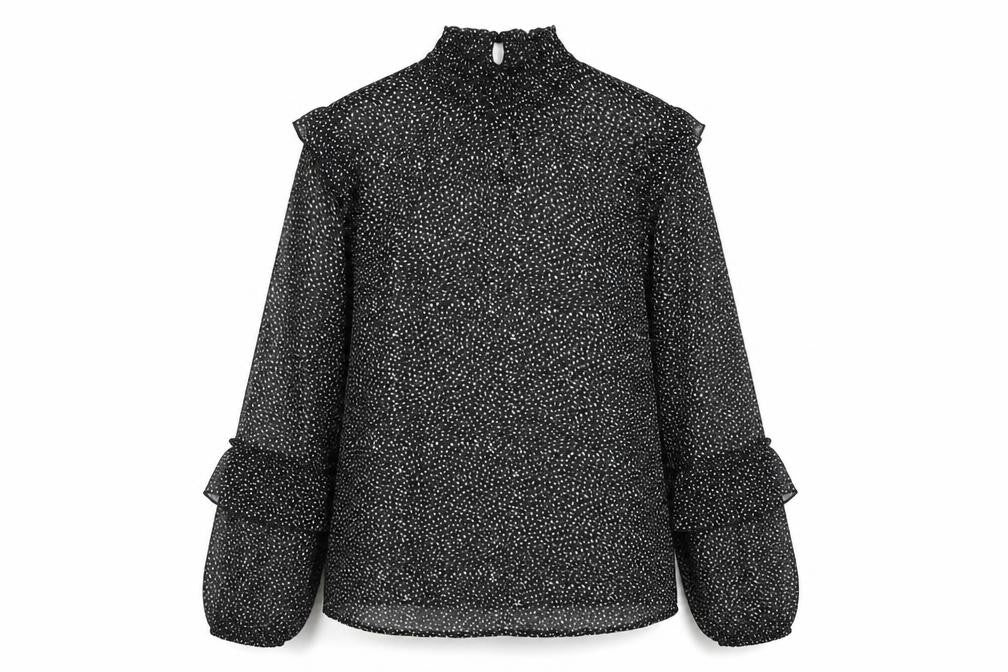 Front view of Papaya women’s black geometric polyester basic blouse, size UK 10, high neck