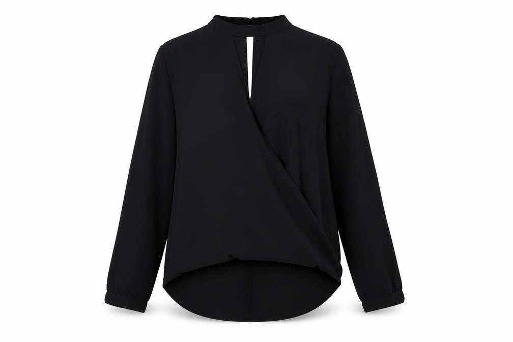 Front view of Miss Selfridge women’s black polyester basic blouse, size UK 10, round neck