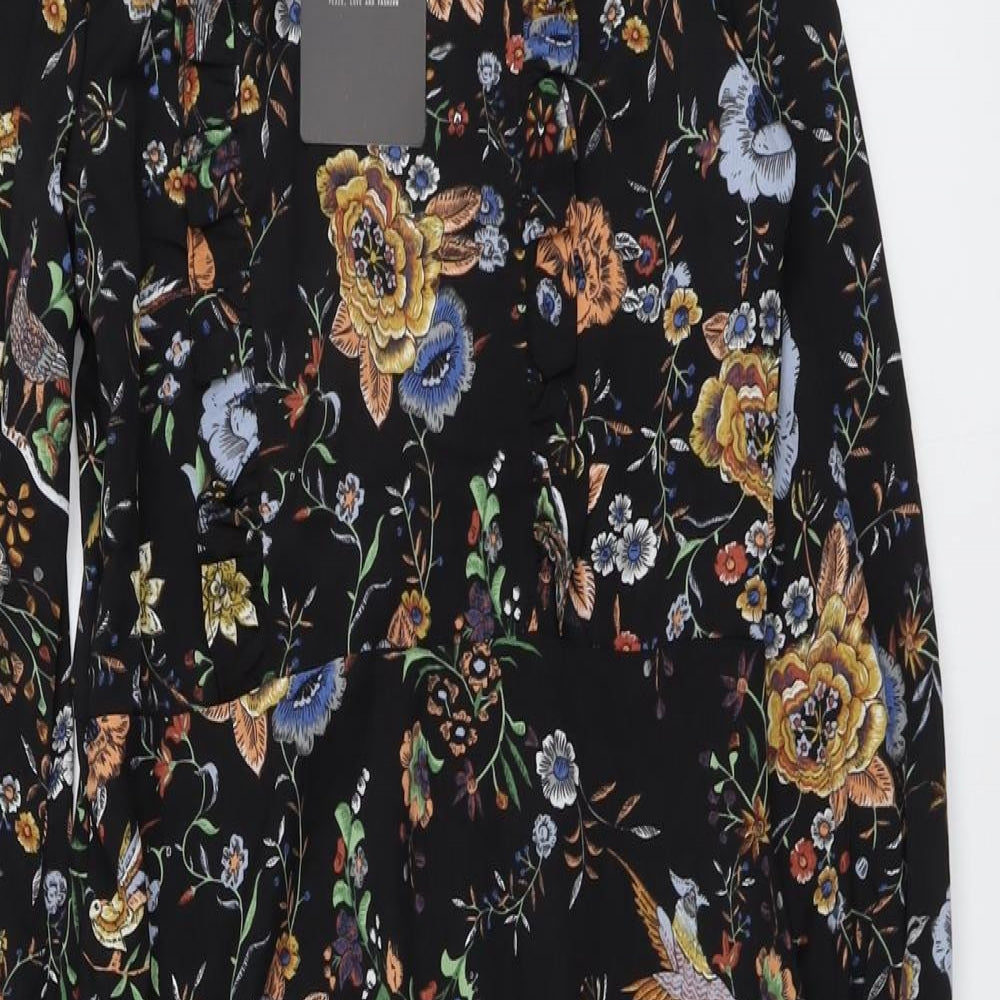 Missguided Womens Black Floral Polyester A-Line Size M Mock Neck Button