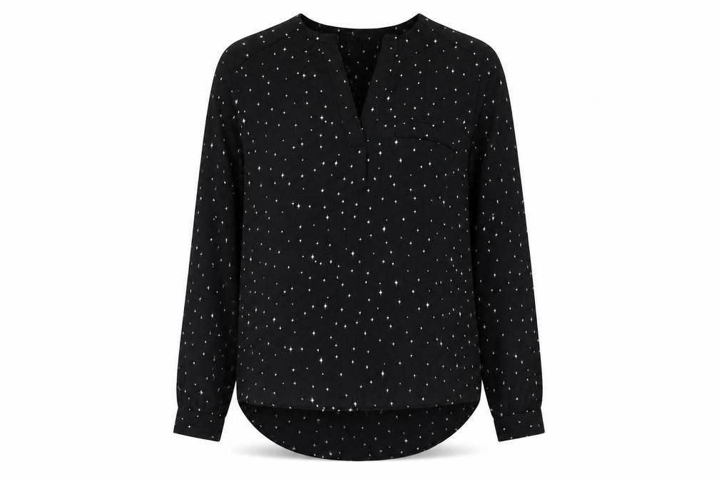 Front view of H&M women’s black geometric polyester basic blouse, size UK 8, v-neck - star pattern