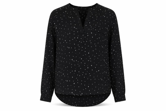 Front view of H&M women’s black geometric polyester basic blouse, size UK 8, v-neck - star pattern