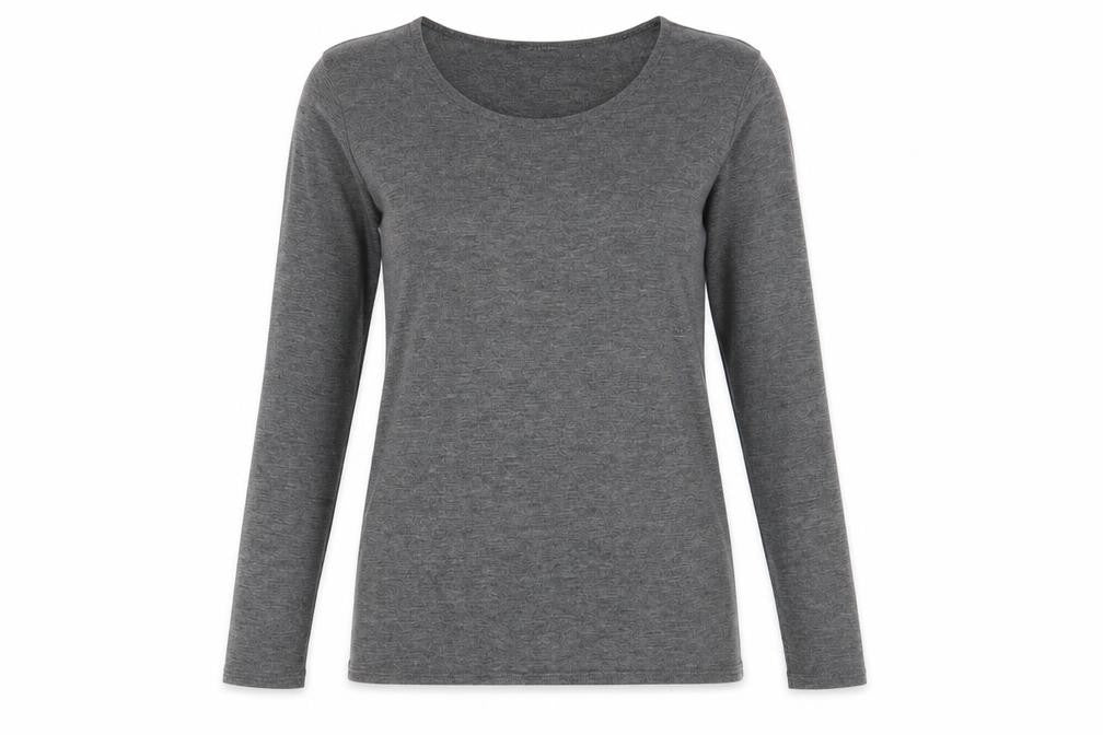 Front view of QED London women’s grey viscose basic blouse, size S, round neck