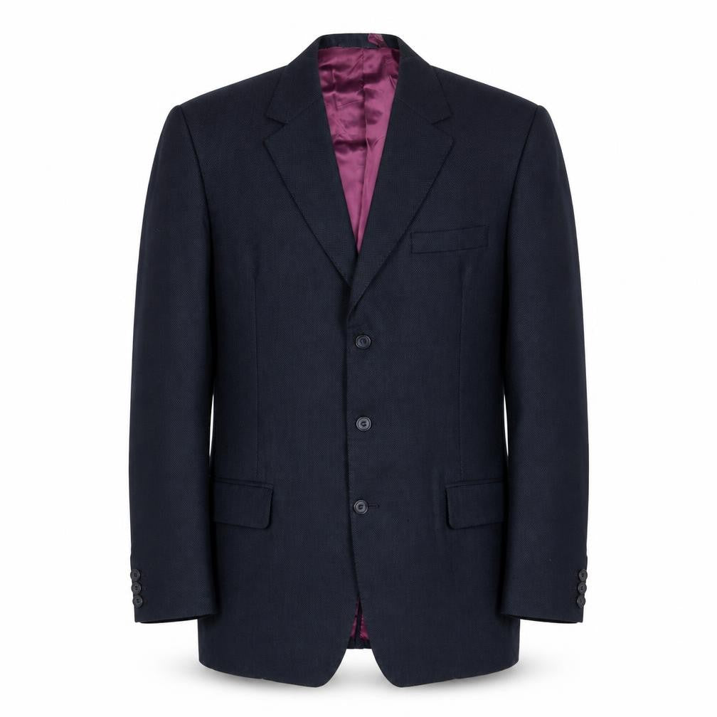 Front view of Barney Goodman men’s blue wool jacket suit jacket, size 40, regular