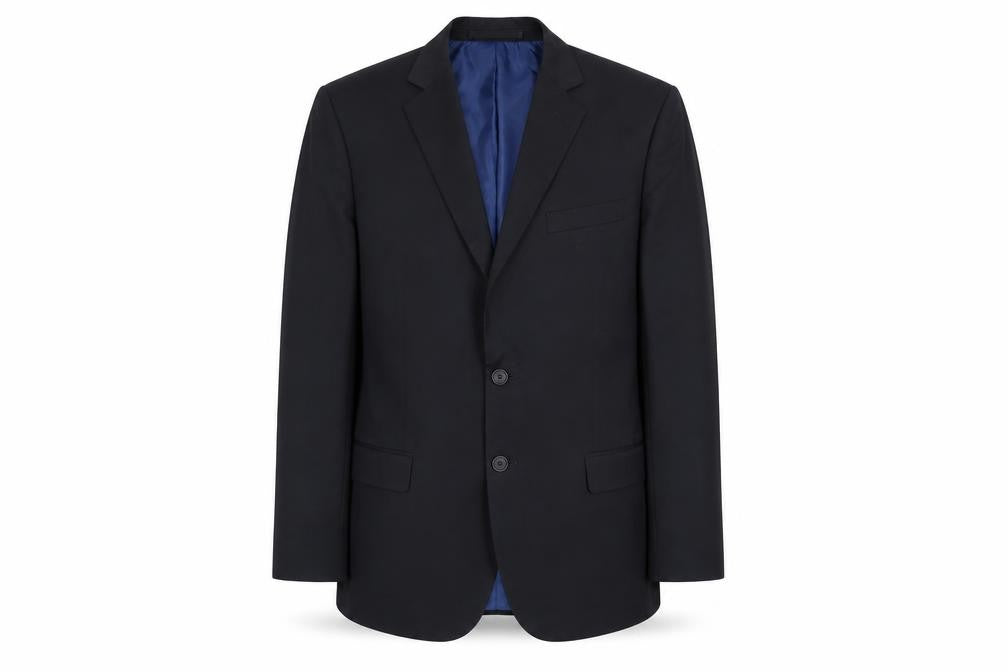 Front view of markis and men’s blue polyester jacket suit jacket, size 40, regular