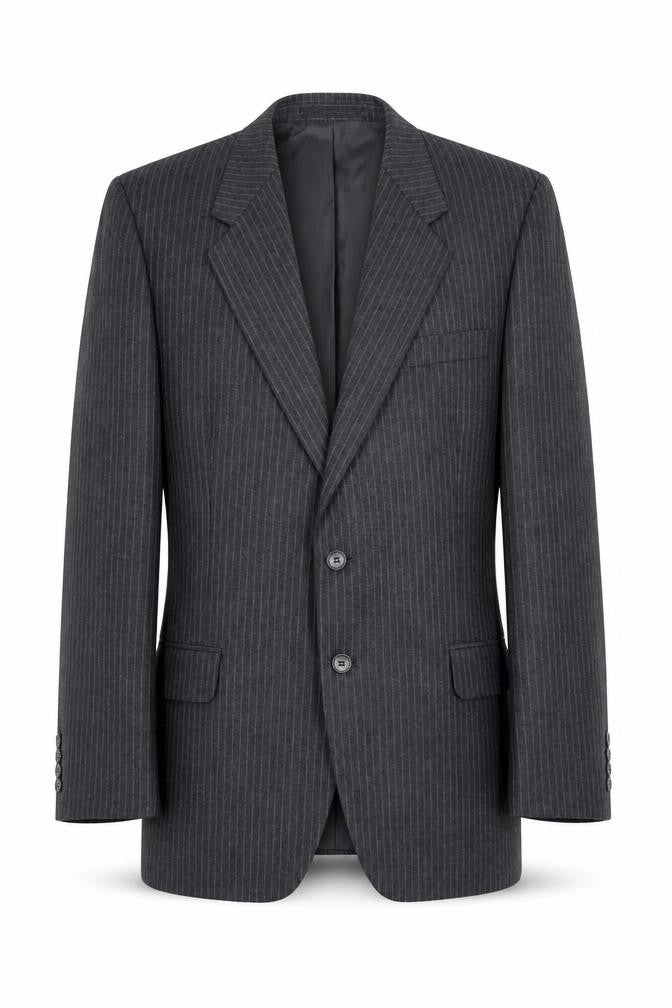 Front view of Marks & Spencer men’s grey striped polyester jacket suit jacket, size 40, regular