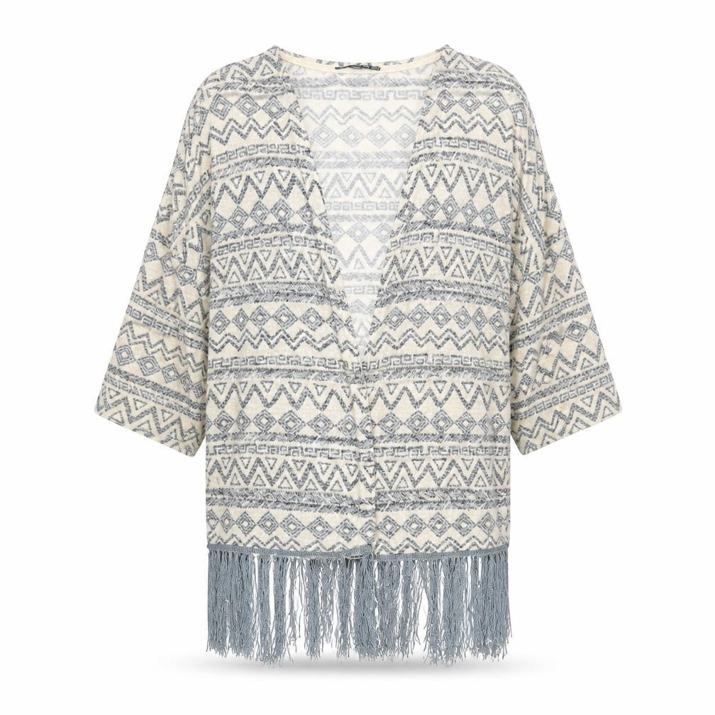 Front view of Atmosphere women’s beige v-neck geometric polyester cardigan jumper, size UK 10