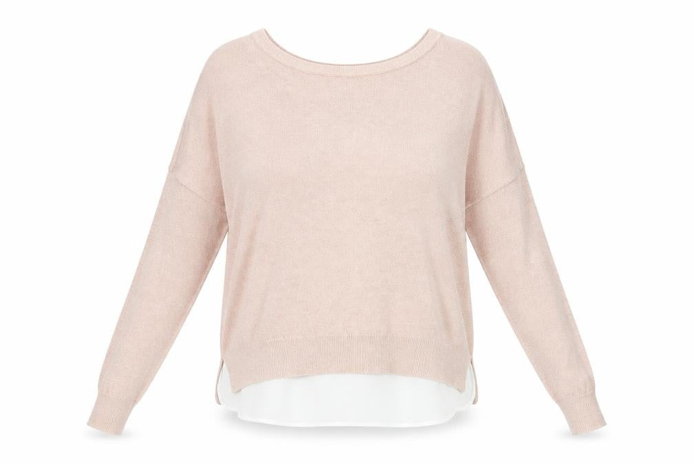 Front view of Only women’s pink round neck viscose jumper, size L