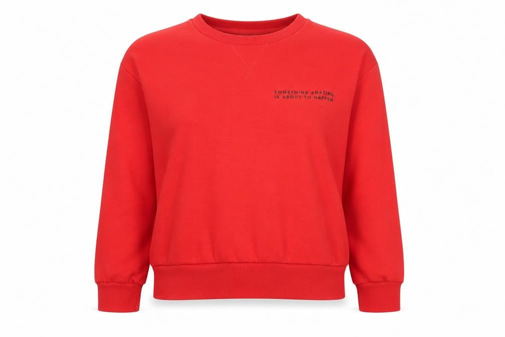 Front view of Primark women’s red polyester pullover sweatshirt, size UK 6, pullover -, size UK 6-8